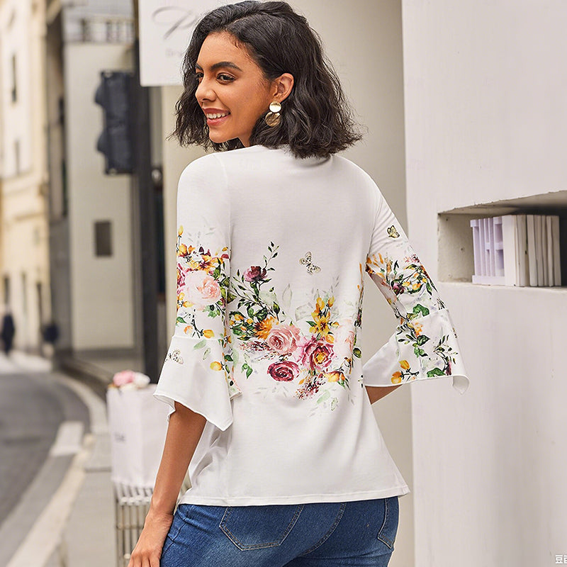 🌺 Moteriški marškinėliai su V formos iškirpte ir raštu✨-LT