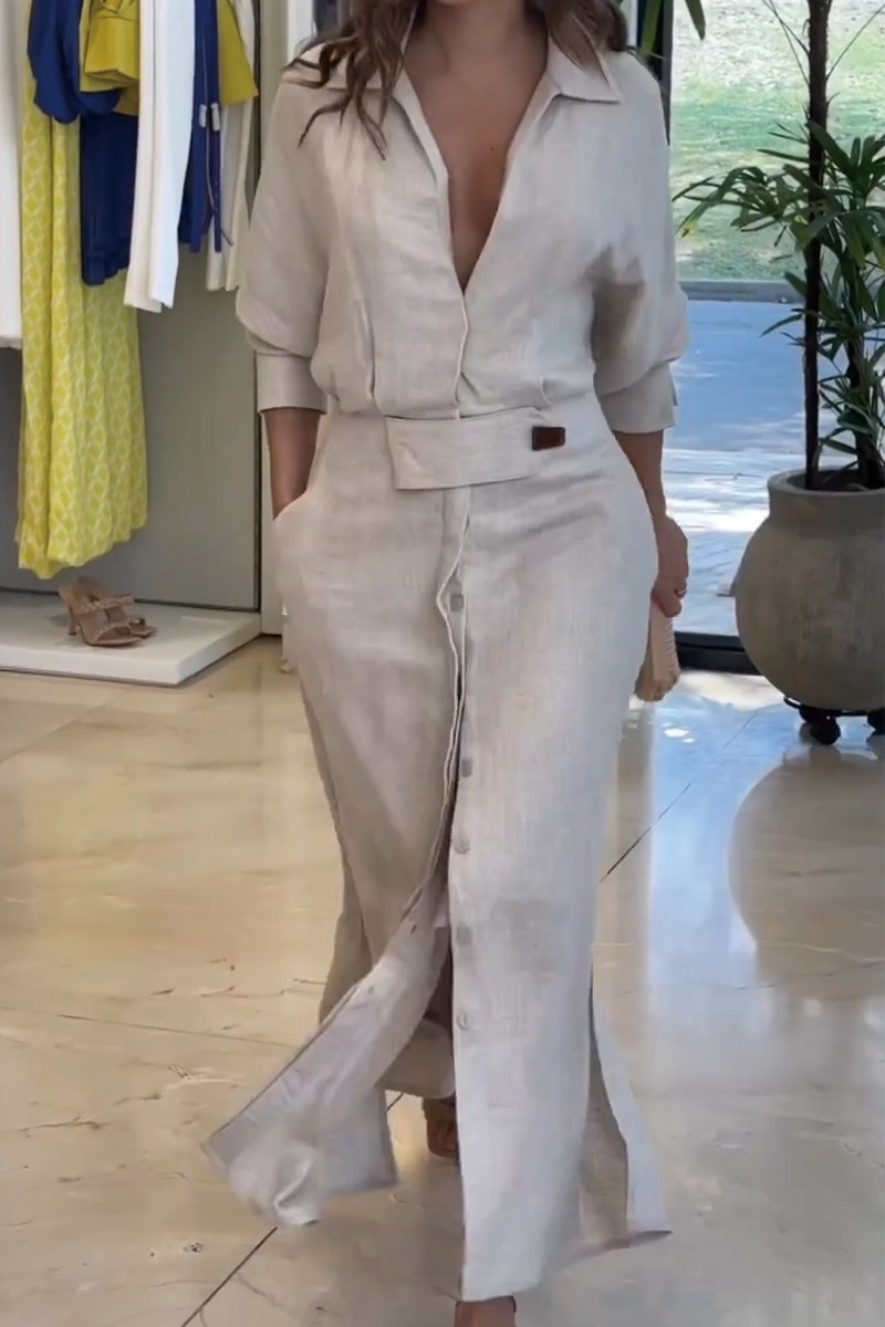 Enobarvna bombažna in lanena maksi obleka-SI