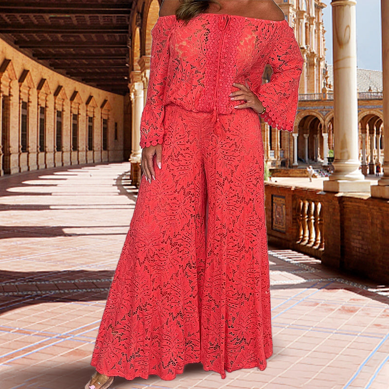 ⏰ Laikinas pasiūlymas – 50% nuolaida! 🎀Moteriškas komplektas: nėriniuota palaidinė + plačios kelnės, dviejų dalių-LT