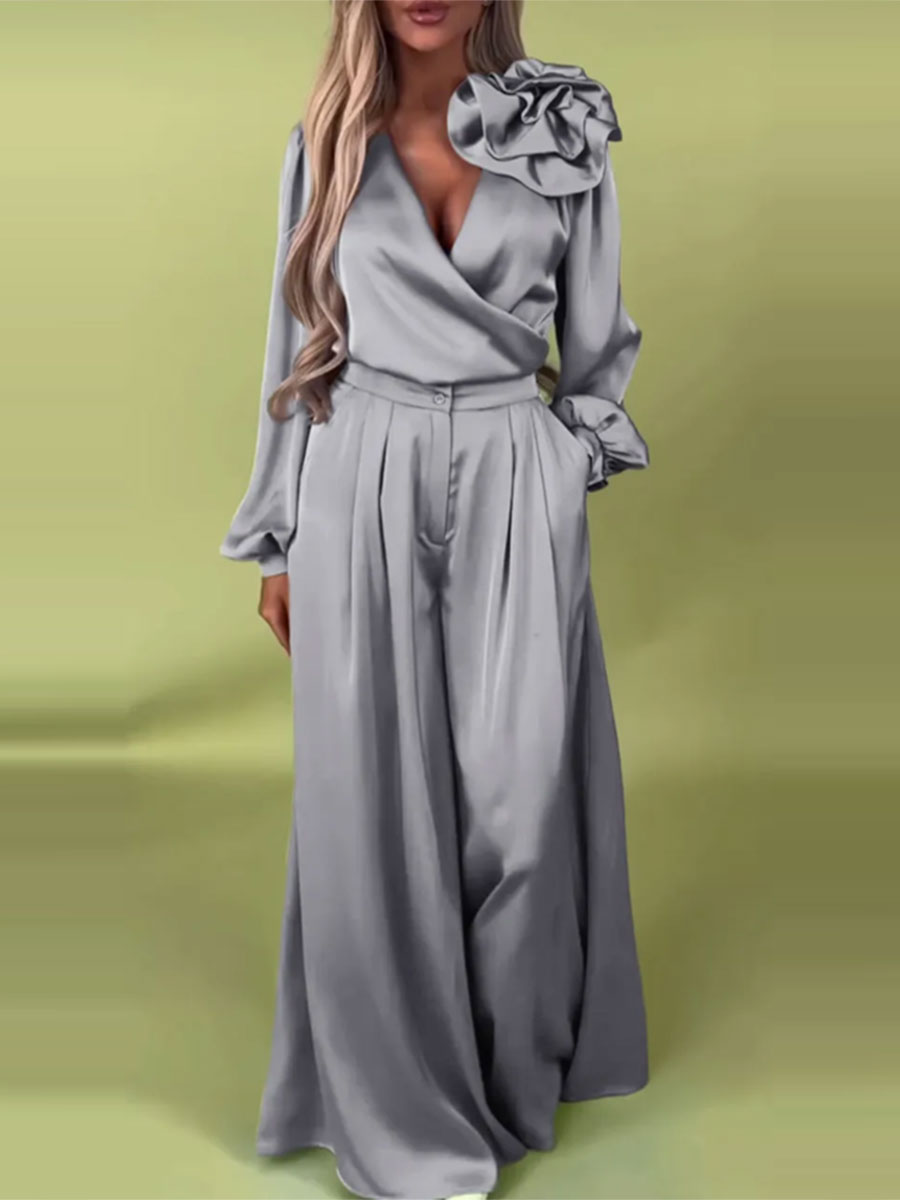 Πολυτελές σετ με σατέν πουκάμισο και φαρδύ παντελόνι-GR