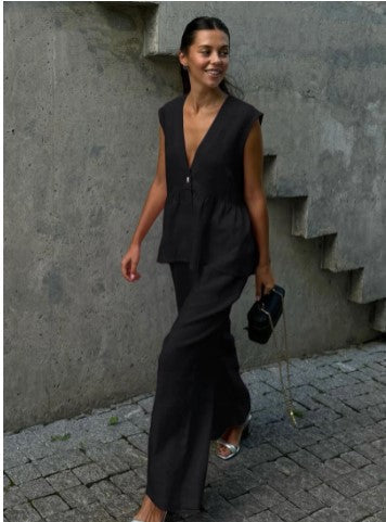 Ženski dvodelni komplet iz masivnega bombaža, V-izrez, brez rokavov, bluza in hlače-SI