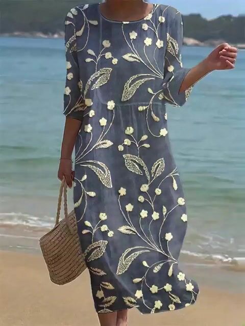 Γυναικείο Μονόχρωμο Φόρεμα με Στρογγυλή Λαιμόκοψη από Βαμβάκι και Λινό, Φλοράλ-GR