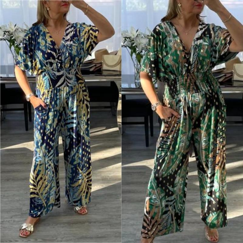 🥻 Γυναικεία καλοκαιρινή μόδα Plus Size σώμα εκτύπωσης φύλλων με ελαστική μέση-GR