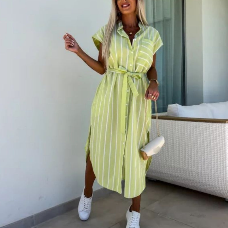 🔥 Laisvalaikio marškinių suknelės su dryžuotomis kišenėmis moterims-LT