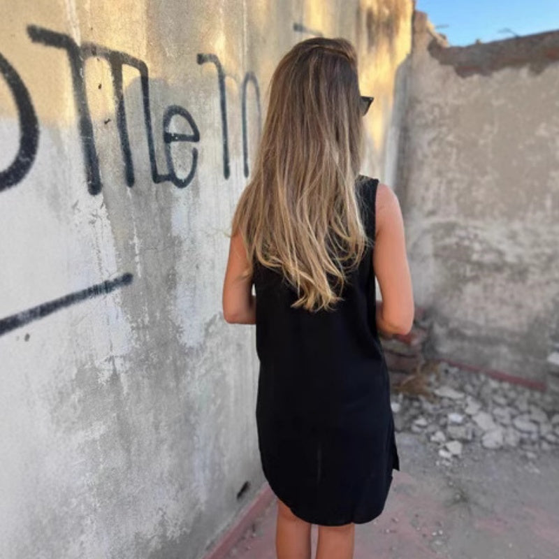 🔥Vienispalvė suknelė su gilia V iškirpte, pasiūta iš medvilnės ir lino-LT