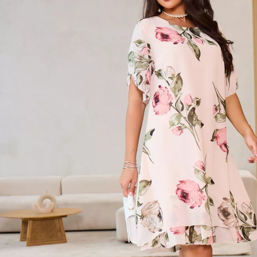 KARŠTA 50% 👗 Raudona žiedlapių spalvos žėrinti šifono suknelė-LT