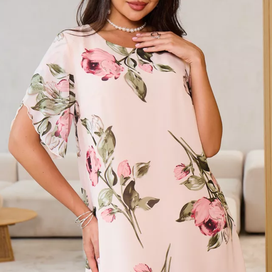 KARŠTA 50% 👗 Raudona žiedlapių spalvos žėrinti šifono suknelė-LT