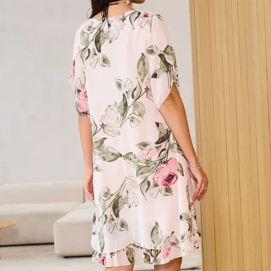KARŠTA 50% 👗 Raudona žiedlapių spalvos žėrinti šifono suknelė-LT