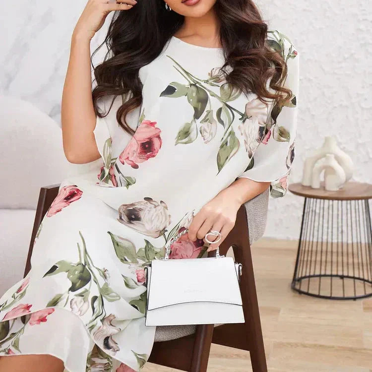 KARŠTA 50% 👗 Raudona žiedlapių spalvos žėrinti šifono suknelė-LT