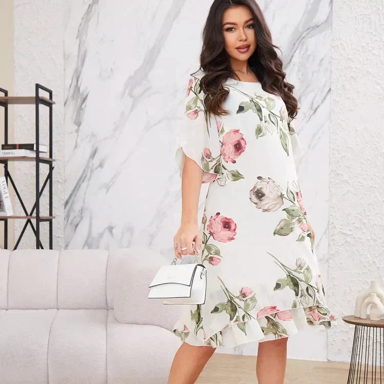 KARŠTA 50% 👗 Raudona žiedlapių spalvos žėrinti šifono suknelė-LT