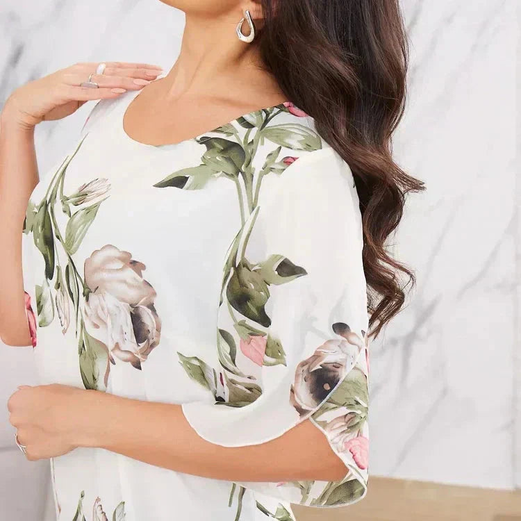 KARŠTA 50% 👗 Raudona žiedlapių spalvos žėrinti šifono suknelė-LT