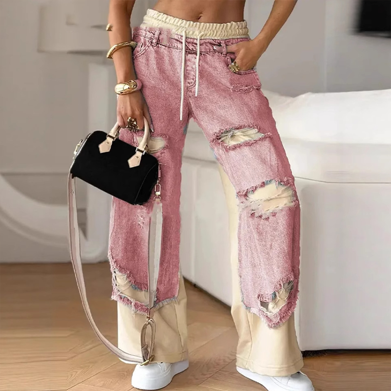 👖Παντελόνι τζιν με φαρδιά μπατζάκια και λάστιχο στη μέση--GR