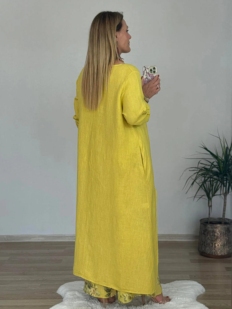 Σετ ακανόνιστου τοπ και φαρδιού παντελονιού σε χρώμα βαμβακιού και λινού-GR