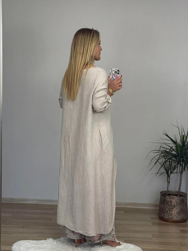 Σετ ακανόνιστου τοπ και φαρδιού παντελονιού σε χρώμα βαμβακιού και λινού-GR