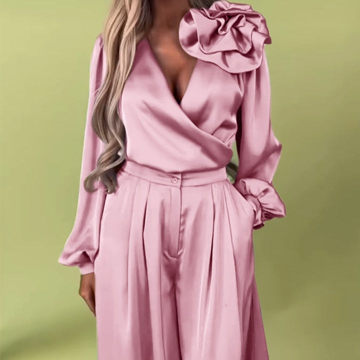 Πολυτελές σετ με σατέν πουκάμισο και φαρδύ παντελόνι-GR