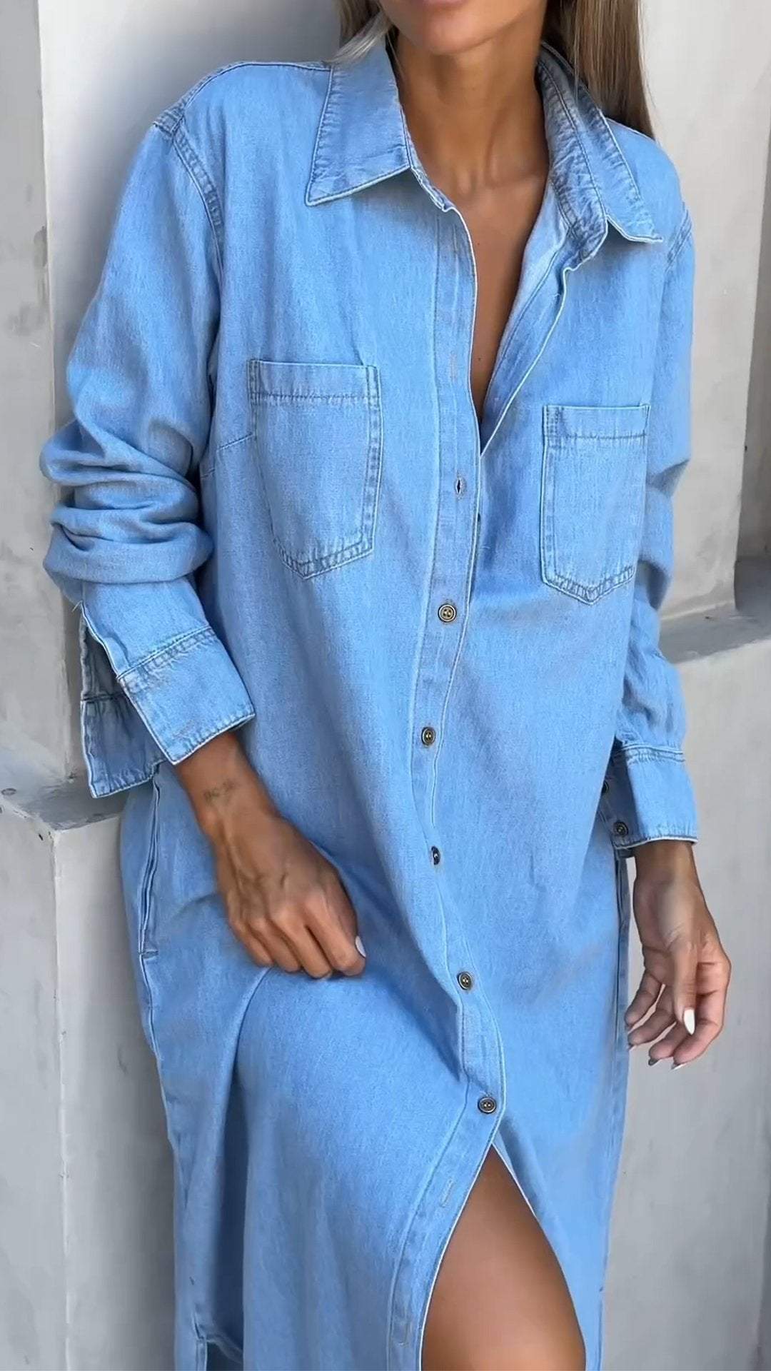 Denim obleka z dolgimi rokavi in reverji-SI