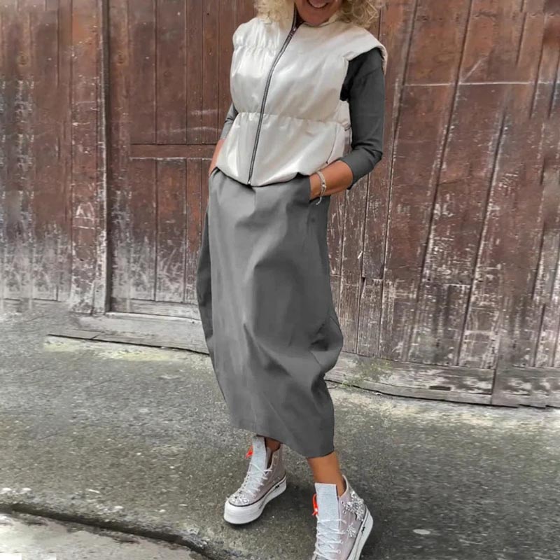 Απλό κομψό φόρεμα για γυναίκες με τσέπες-GR