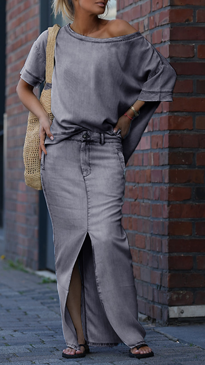 Γυναικείο Casual Κοστούμι με Στρογγυλή Λαιμόκοψη σε Χρώμα Tencel Denim-GR