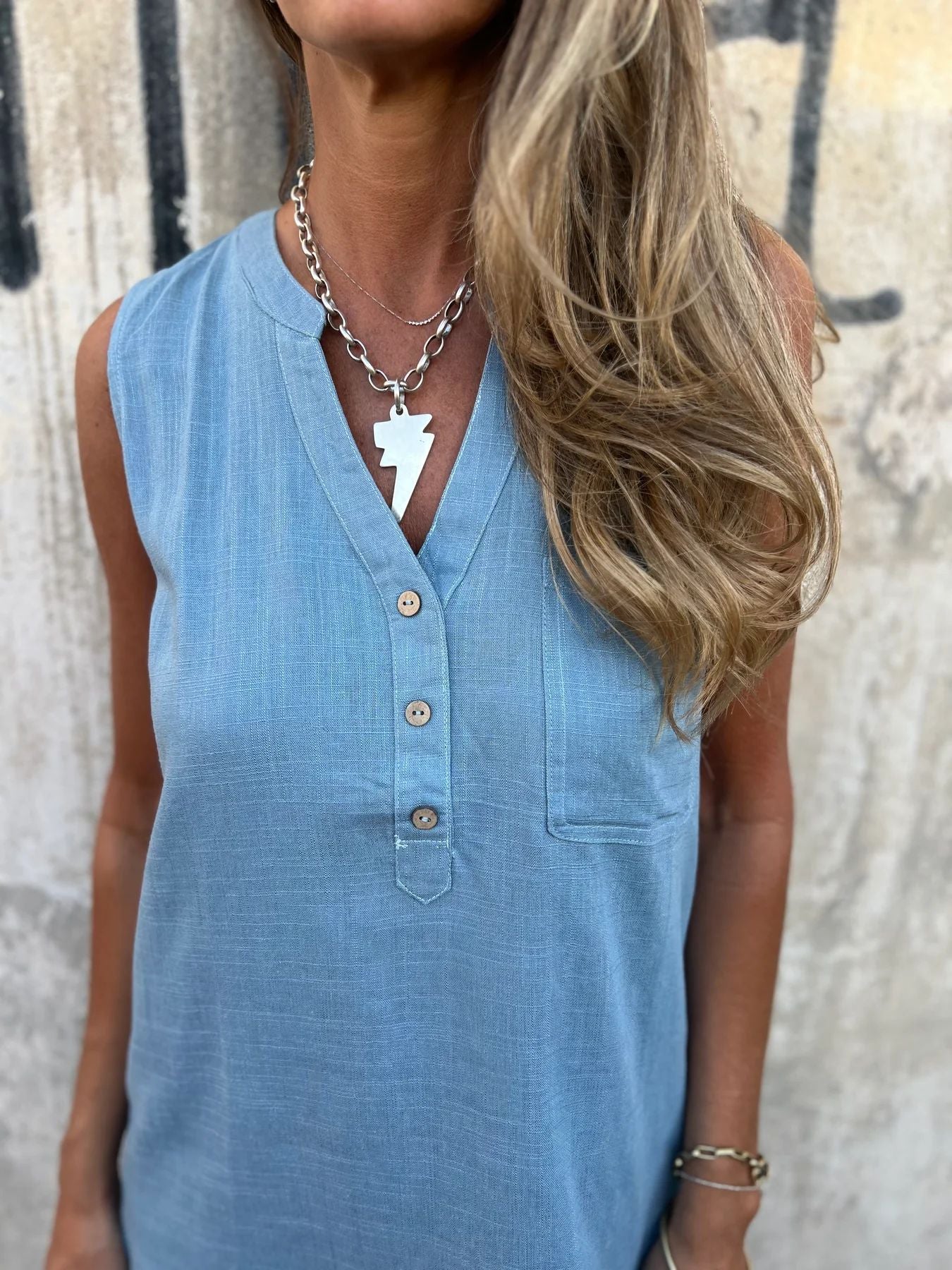 Ženska enobarvna bombažna in lanena obleka-SI