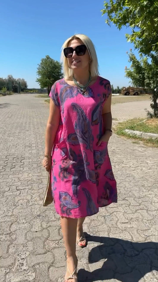 Kokvilnas un lina kleita ar apdruku-LV