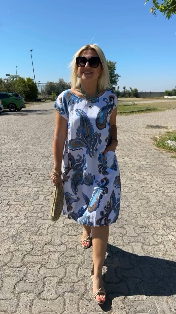 Medvilninė ir lininė suknelė su raštu-LT