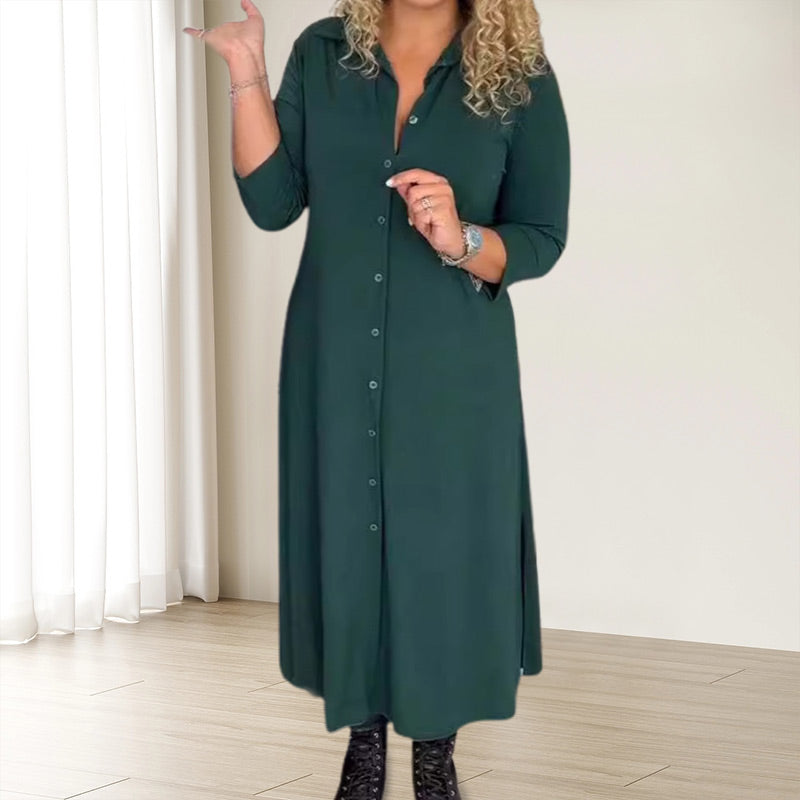 ✨ ILGŲ RANKOVIŲ SUKNELĖ SU ATLAPU IR SAGOMIS-LT