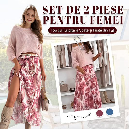 🔥Blusa de cuello redondo y falda estampada de rayas-ES