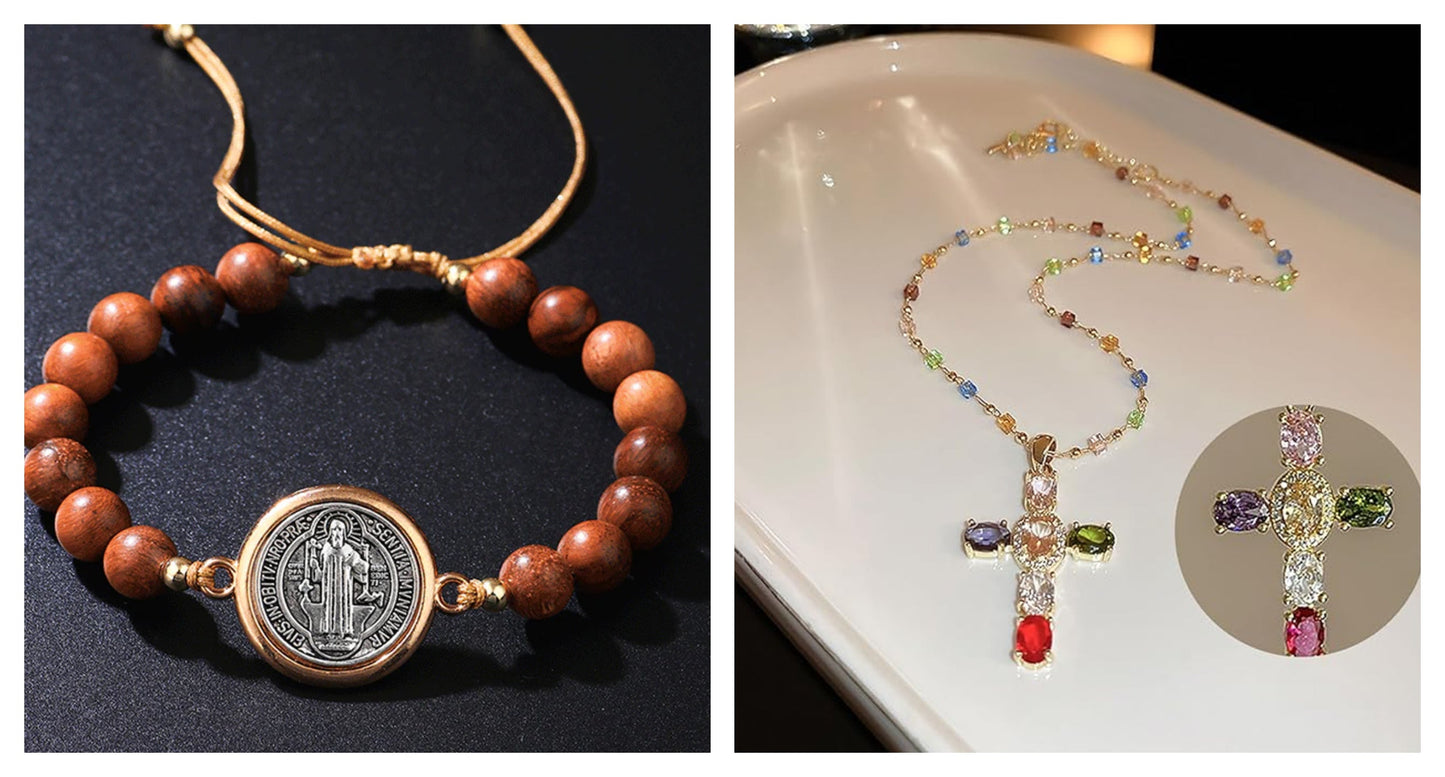 Unisex, nastavljiva lesena zapestnica s perlicami v obliki svetega Benedikta-SI