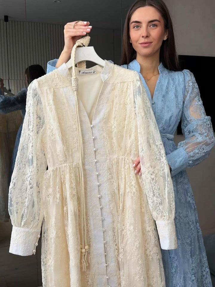 Γυναικείο φόρεμα με V-λαιμόκοψη, πλούσια κεντημένο-GR