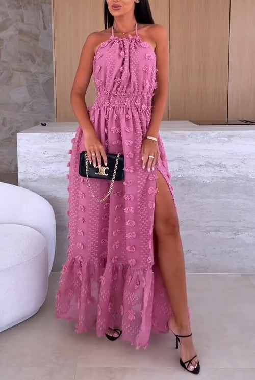 Καλοκαιρινό γυναικείο μοντέρνο φόρεμα με ανοιχτή πλάτη και μεγάλο σκίσιμο-GR