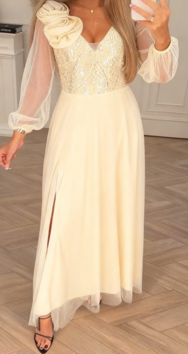 Φόρεμα με δαντελένια μανίκια, παγιέτες και φλοράλ διακοσμήσεις.-GR