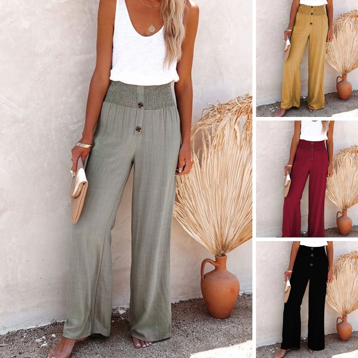 😍 Γυναικείο λινό ψηλόμεσο παντελόνι-GR