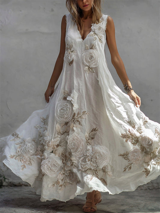 Vintažinė lininė maksi suknelė su baltų rožių raštu-LT