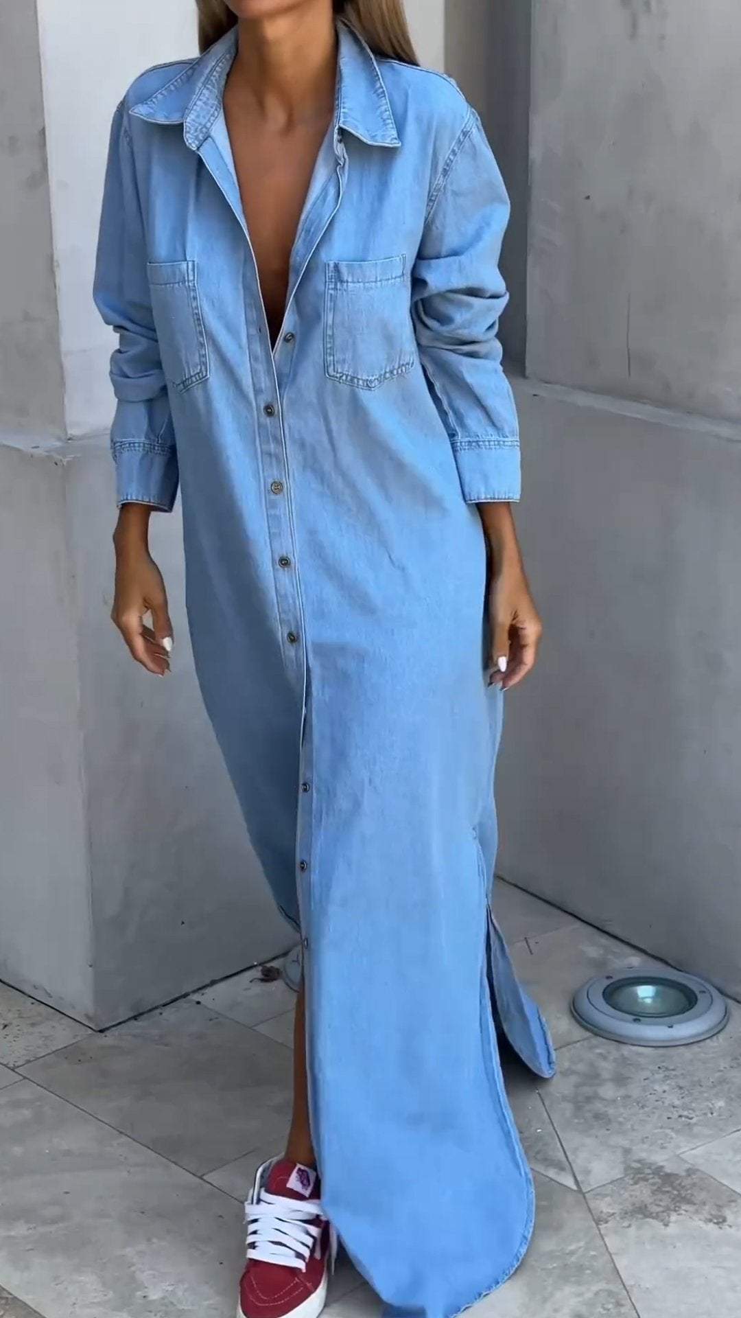 Denim obleka z dolgimi rokavi in reverji-SI
