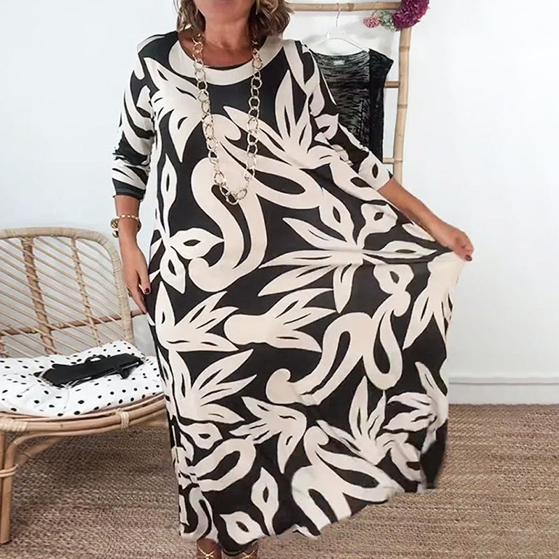 🌼Elegantiška, laisva, apvaliu kaklu, raštuota moteriška suknelė-LT