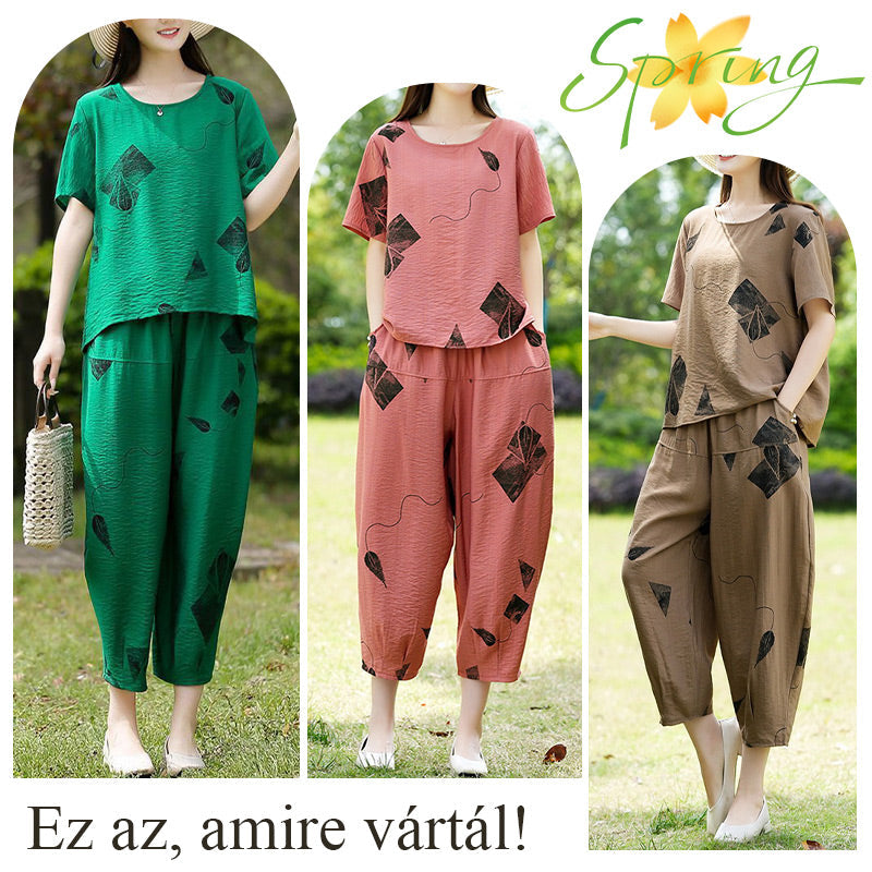 💞 Γυναικείο σετ με κοντομάνικο τοπ με σχέδιο και κοντό παντελόνι με φαρδιά μπατζάκια-GR