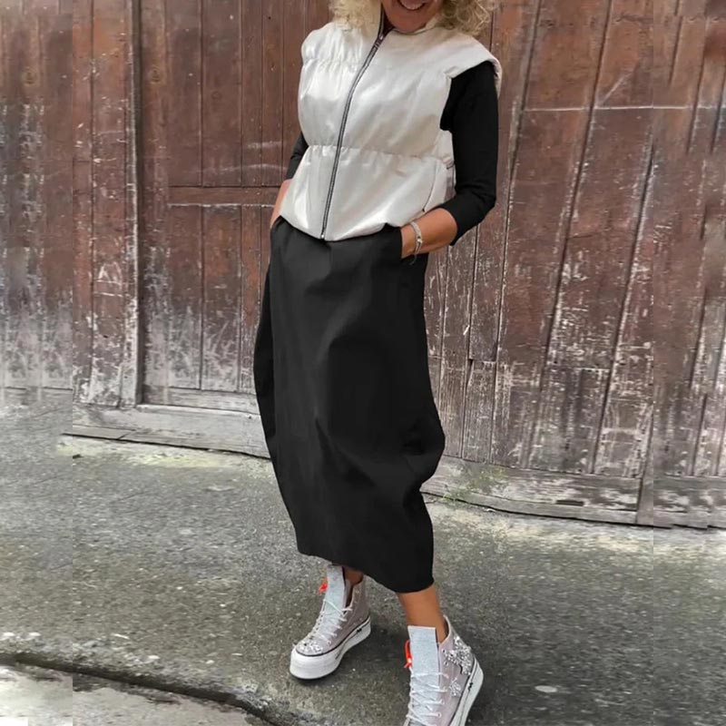 Απλό κομψό φόρεμα για γυναίκες με τσέπες-GR