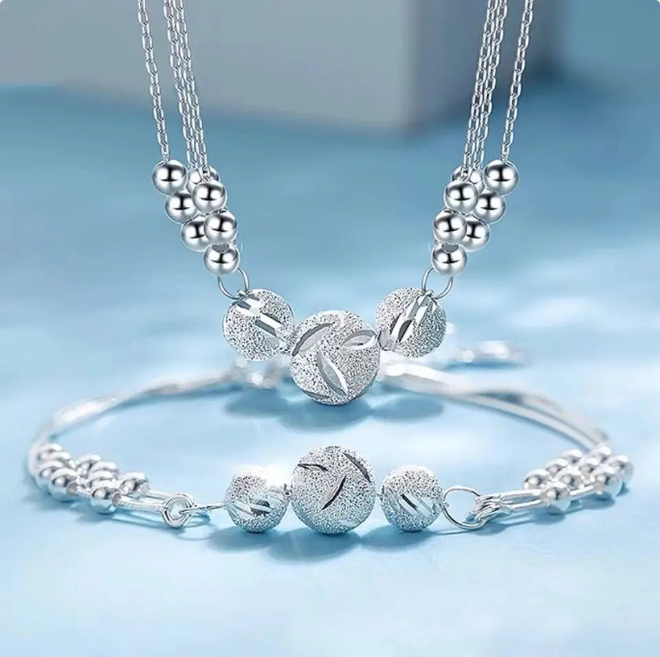 🎁🔥[Κολιέ + Βραχιόλι]✨Σετ κοσμημάτων με χαραγμένο ασημένιο κολιέ-GR