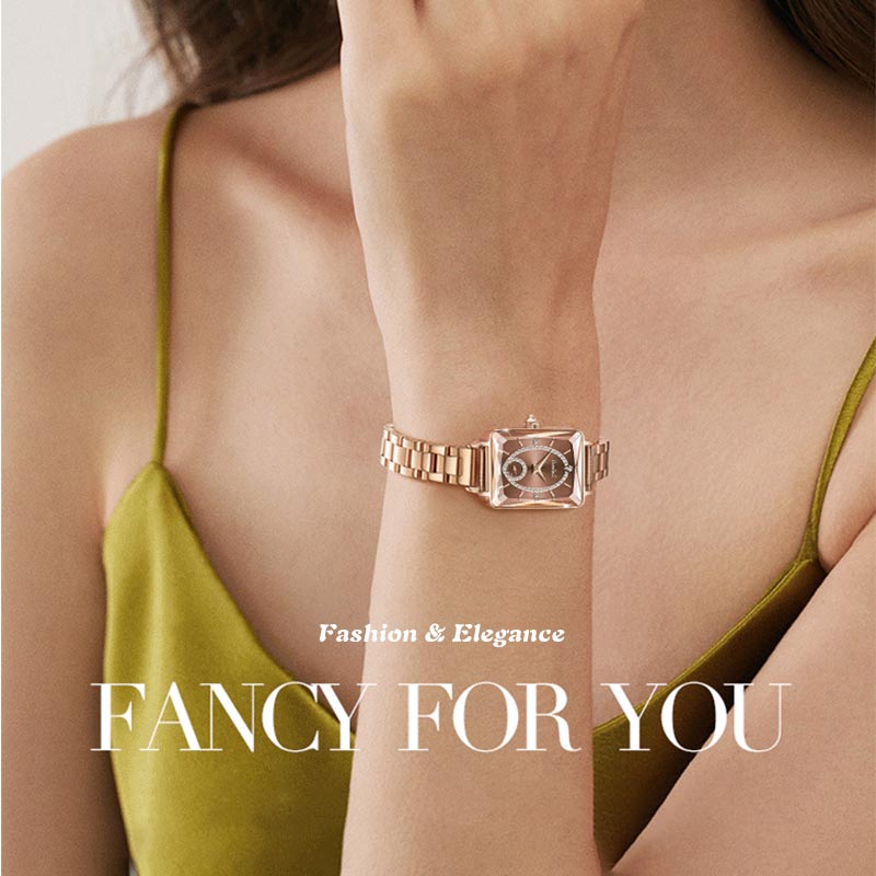 💎Madingas kvadratinis moteriškas laikrodis iš rožinio aukso su deimantais-LT