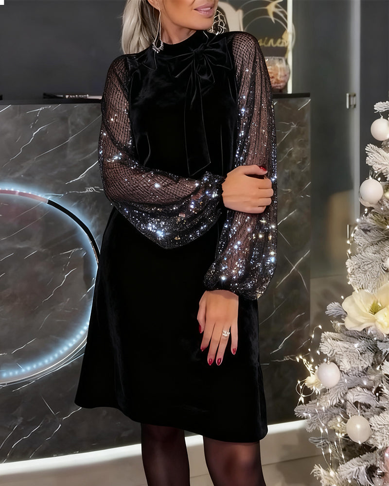 Elegantna obleka z napihnjenimi rokavi in patchwork detajli-SL