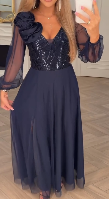 Φόρεμα με δαντελένια μανίκια, παγιέτες και φλοράλ διακοσμήσεις.-GR