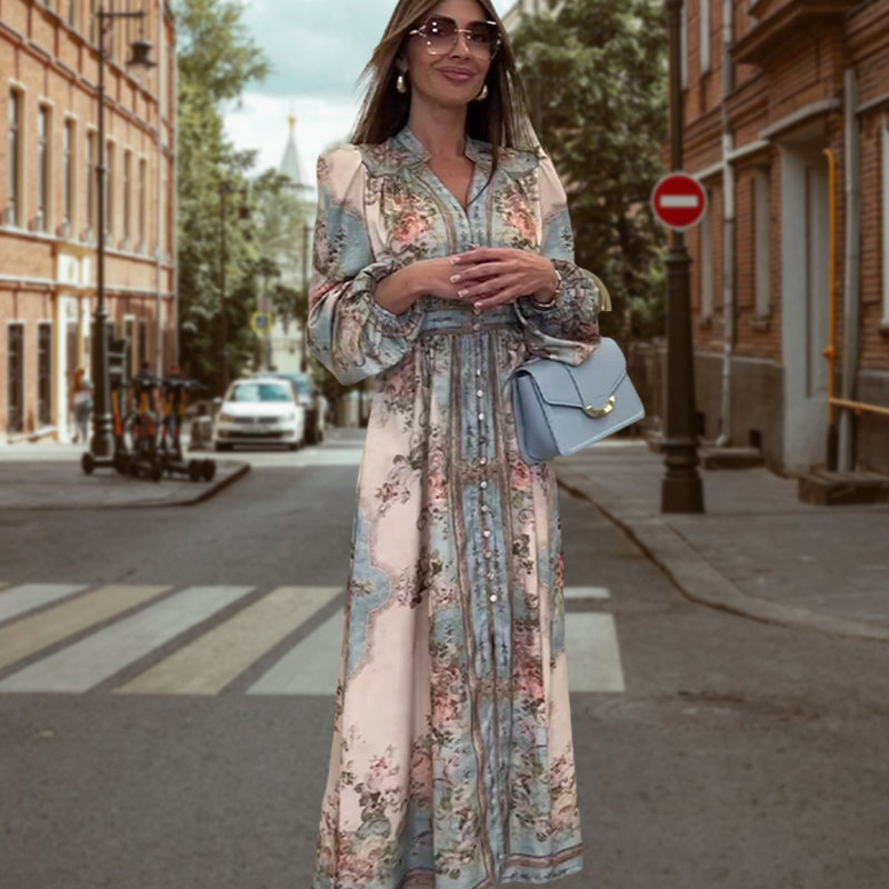 Κομψό φόρεμα με V λαιμόκοψη, ψηλή μέση, φλοράλ τύπωμα και κουμπιά-GR