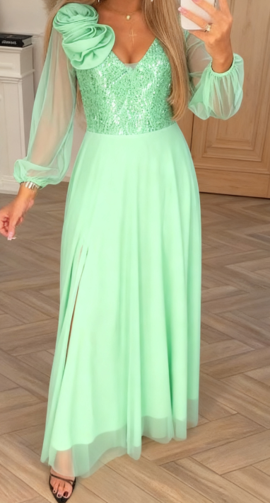 Φόρεμα με δαντελένια μανίκια, παγιέτες και φλοράλ διακοσμήσεις.-GR