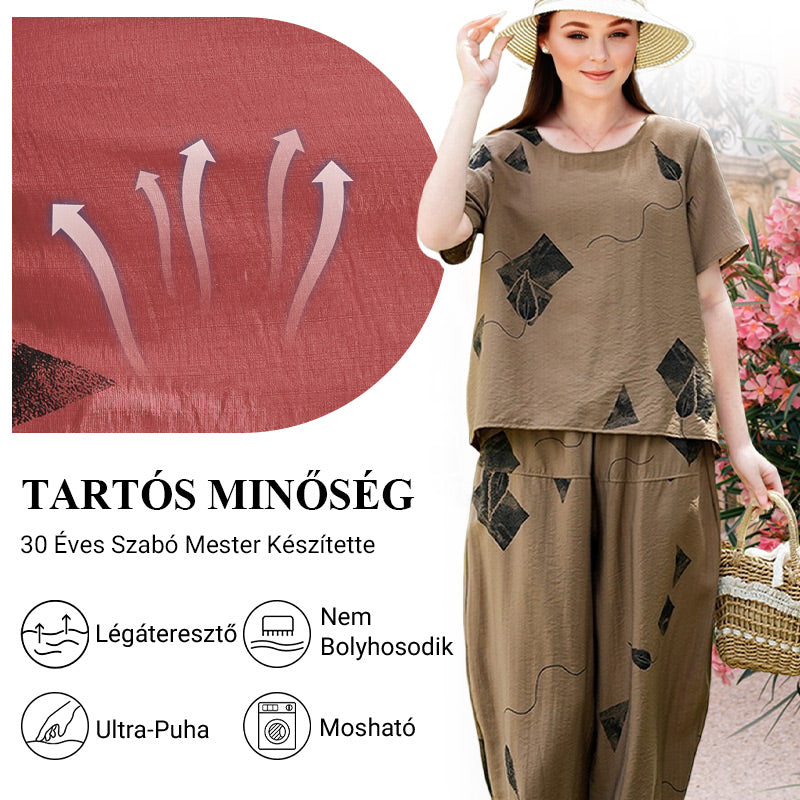 💞 Moteriškas raštuotas trumpų rankovių viršutinis komplektas ir plačios trumpintos kelnės-LT