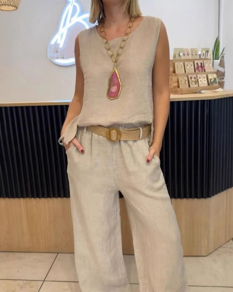 Vienspalvis medvilninis ir lininis kelnių komplektas be rankovių-LT