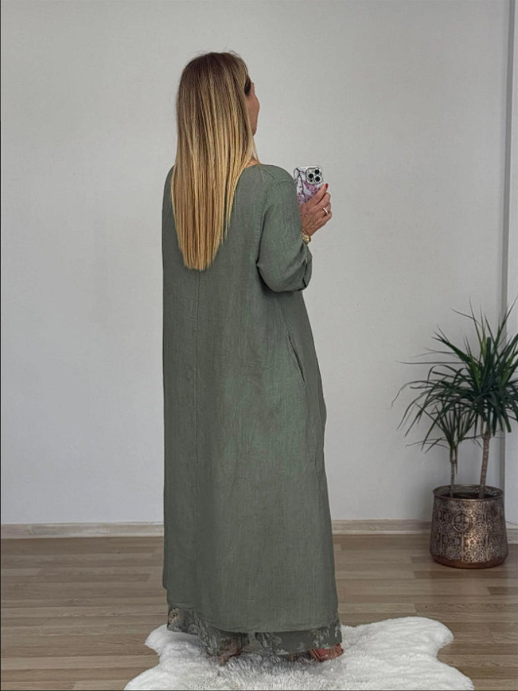 Komplet ležernih hlač z neenakomernim zgornjim delom in širokimi hlačnicami iz bombaža in lana-SI