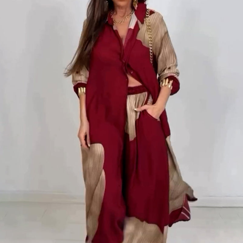 🌼Ilgi marškiniai su susuktomis sagomis ir raišteliu kelnių komplektas-LT