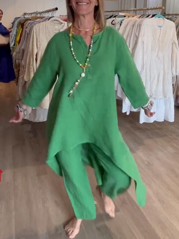 Γυναικείο λινό κοστούμι σε μονόχρωμο-GR