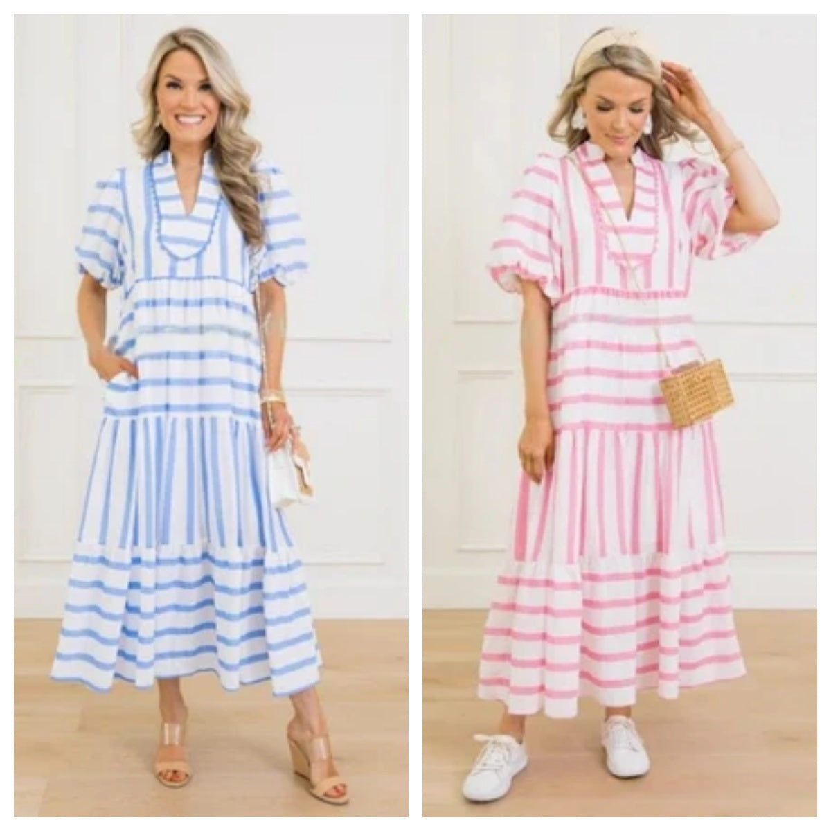 🌸Moteriška vasarinė dryžuota, laisva, kasdieniška, trumpomis rankovėmis suknelė-LT