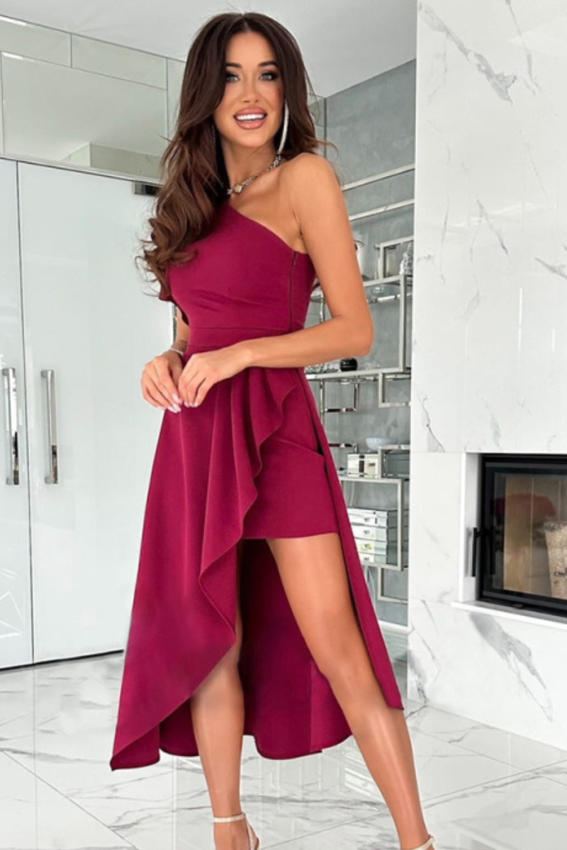 Κομψό φόρεμα με έναν ώμο σε μονόχρωμο χρώμα-GR